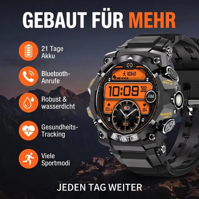 Vantrek X1 – robuste Smartwatch mit orangefarbenem Display und Funktionsübersicht
